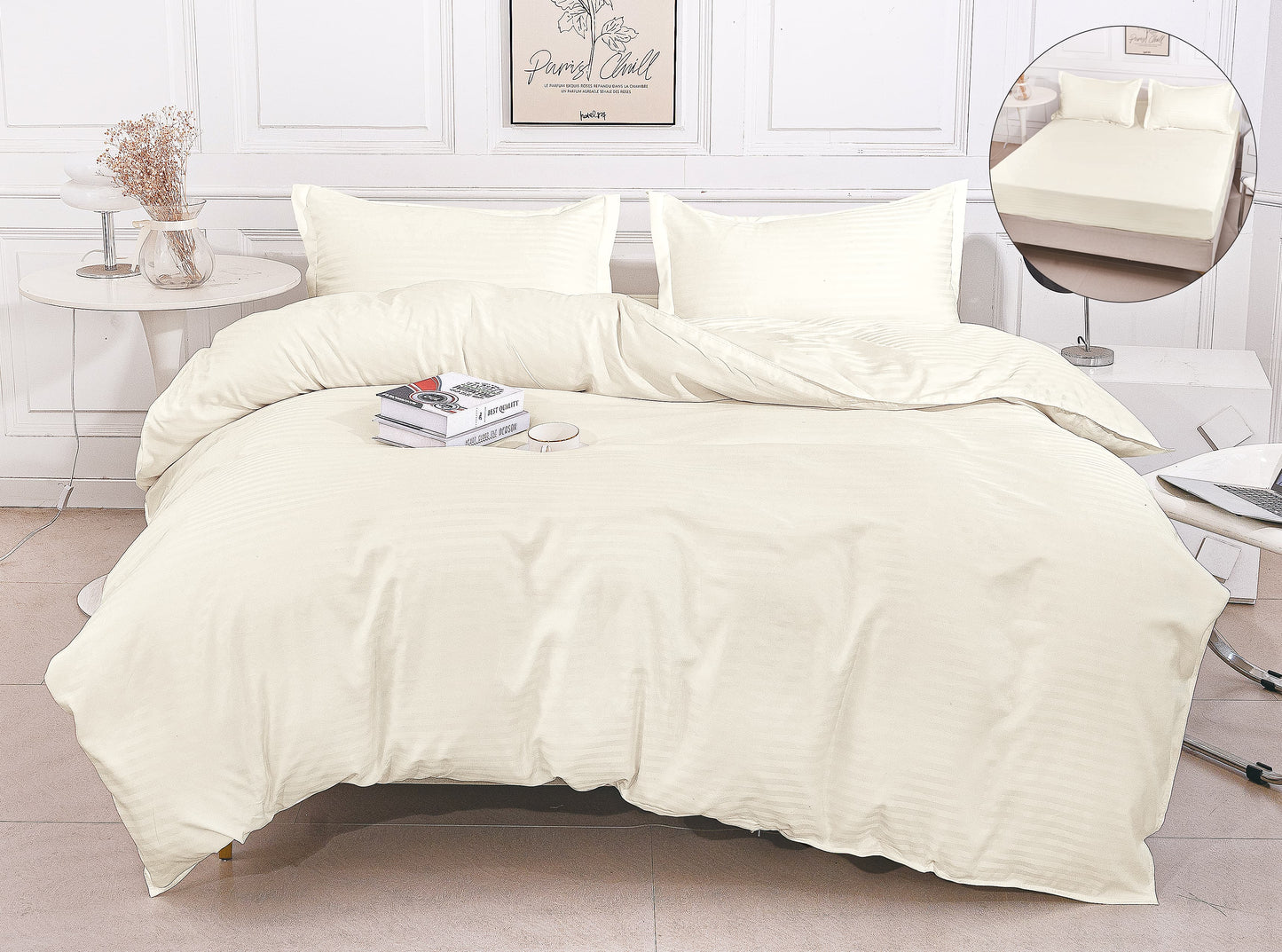 Lenjerie Damasc Finetat 4 Piese cu Elastic, Alb, Crem-A9817