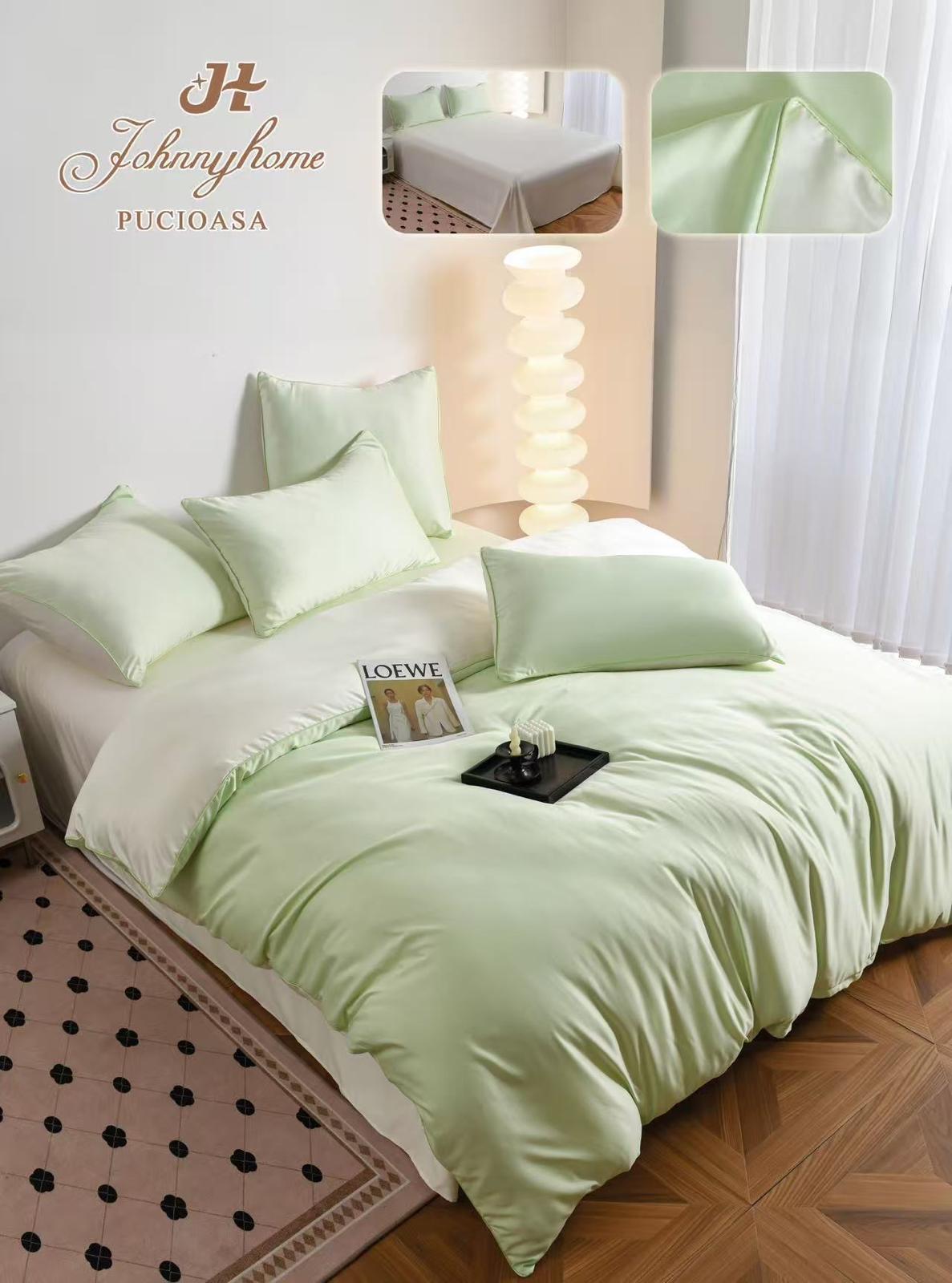 Lenjerie Luxury Pat Dublu, Tip Matase Satinata, 6 Piese, Verde/Crem-H9495