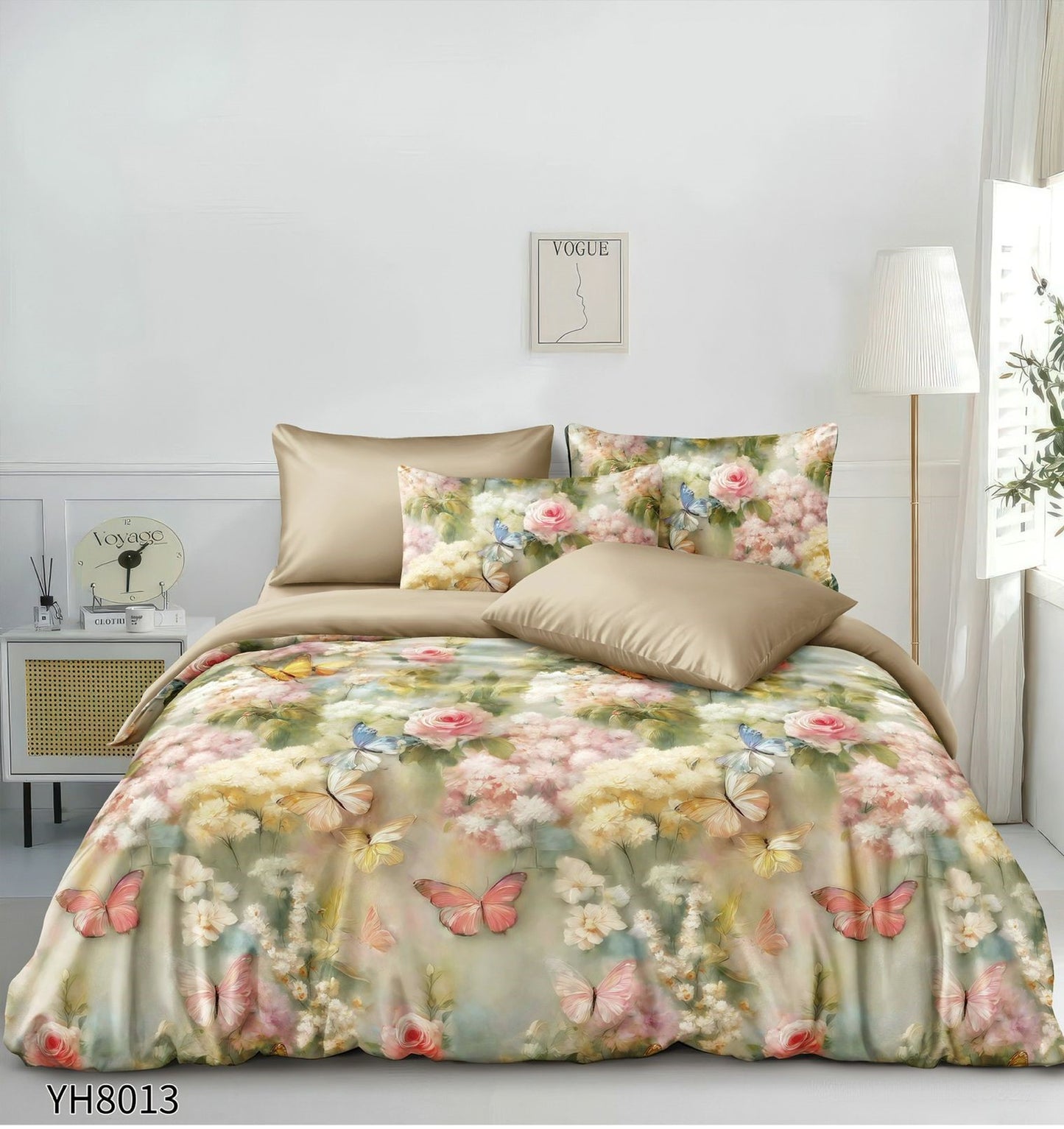 Lenjerie Pat Dublu din Satin, 4 Piese, cu Elastic, Flori/Fluturi-P9927