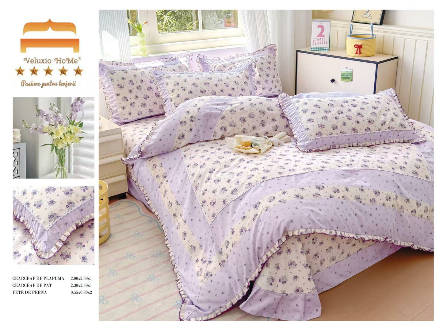 Lenjerie Bumbac Finet Premium 4 Piese cu Volanase, Floricele-M9562