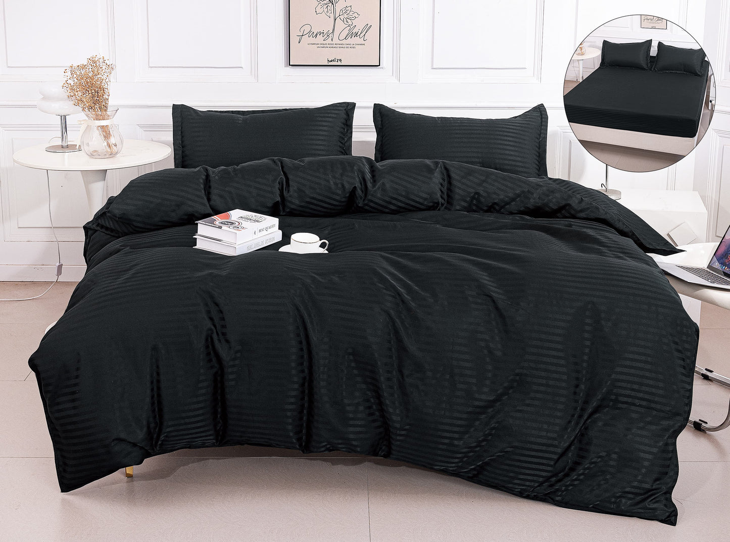 Lenjerie Damasc Finetat 4 Piese cu Elastic, Negru, Uni-A9818