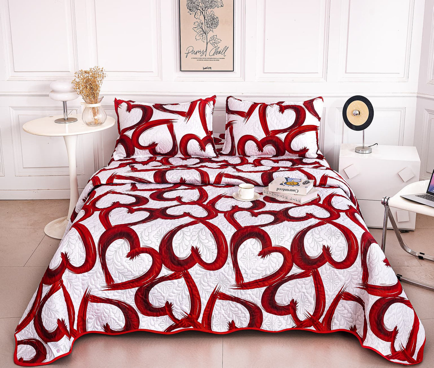 Cuvertura De Pat 3 Piese, din Bumbac Satinat, Inimioare-A9829