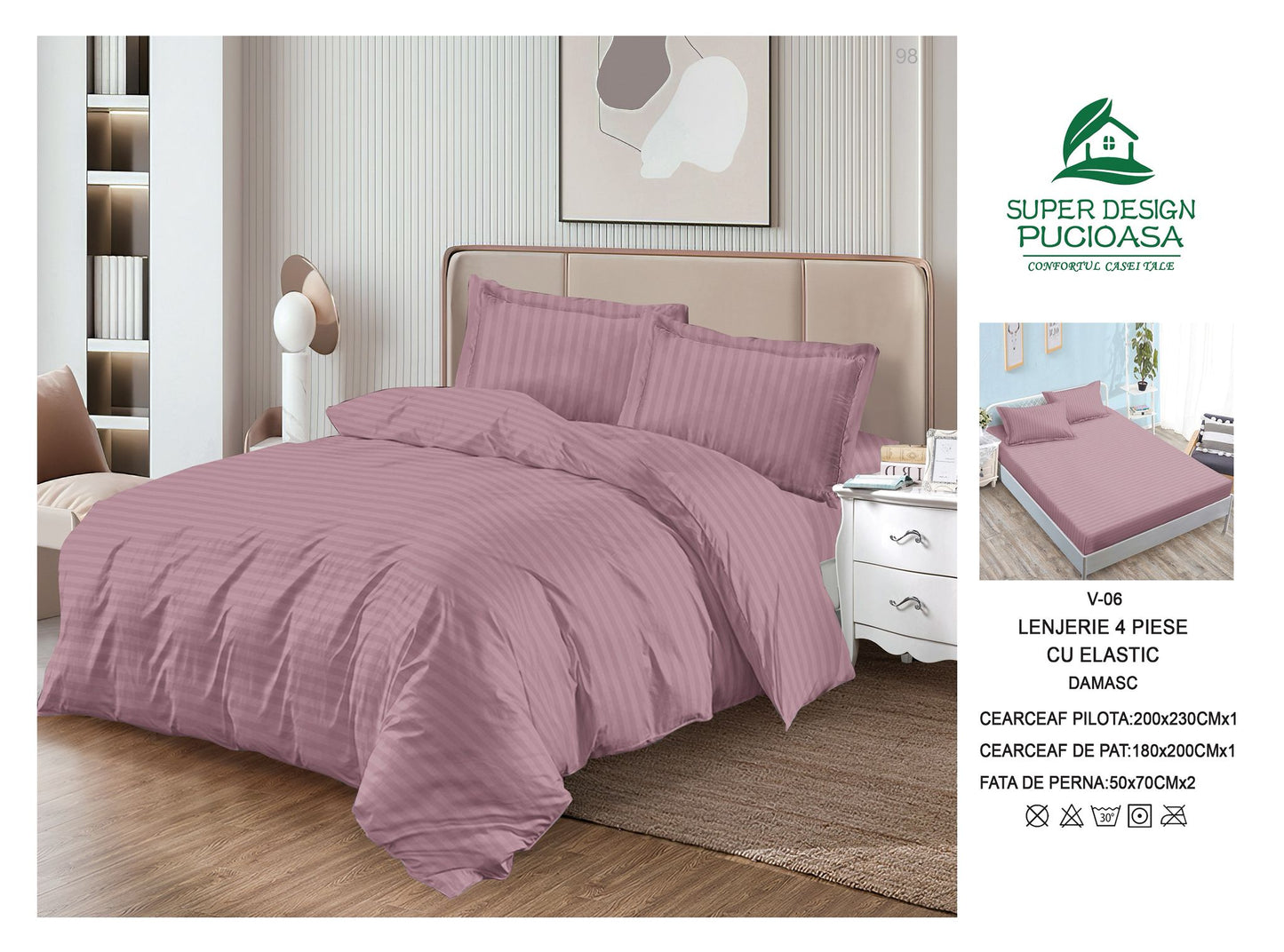 Lenjerie Pat Dublu din Damasc Finetat, 4 Piese cu Elastic, Model Dungat, Dusty Mauve-V6097