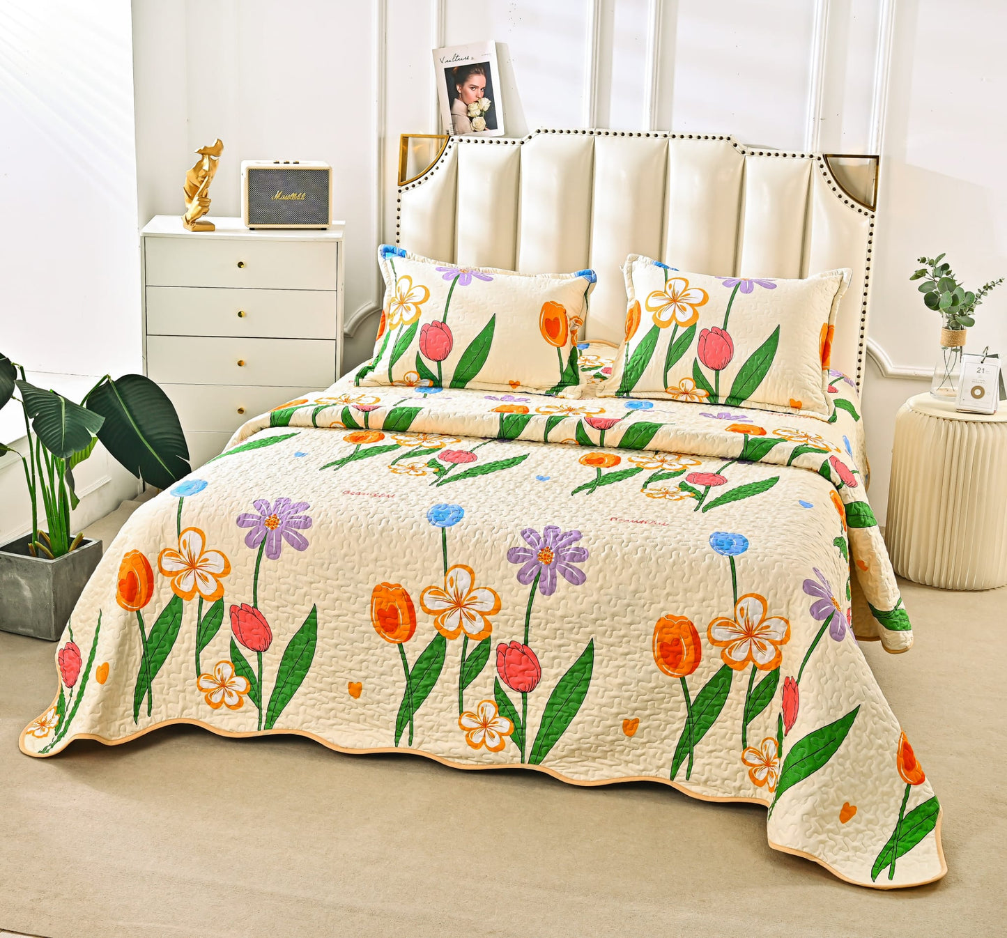 Cuvertura De Pat 3 Piese, din Bumbac Satinat, Floricele-A9830