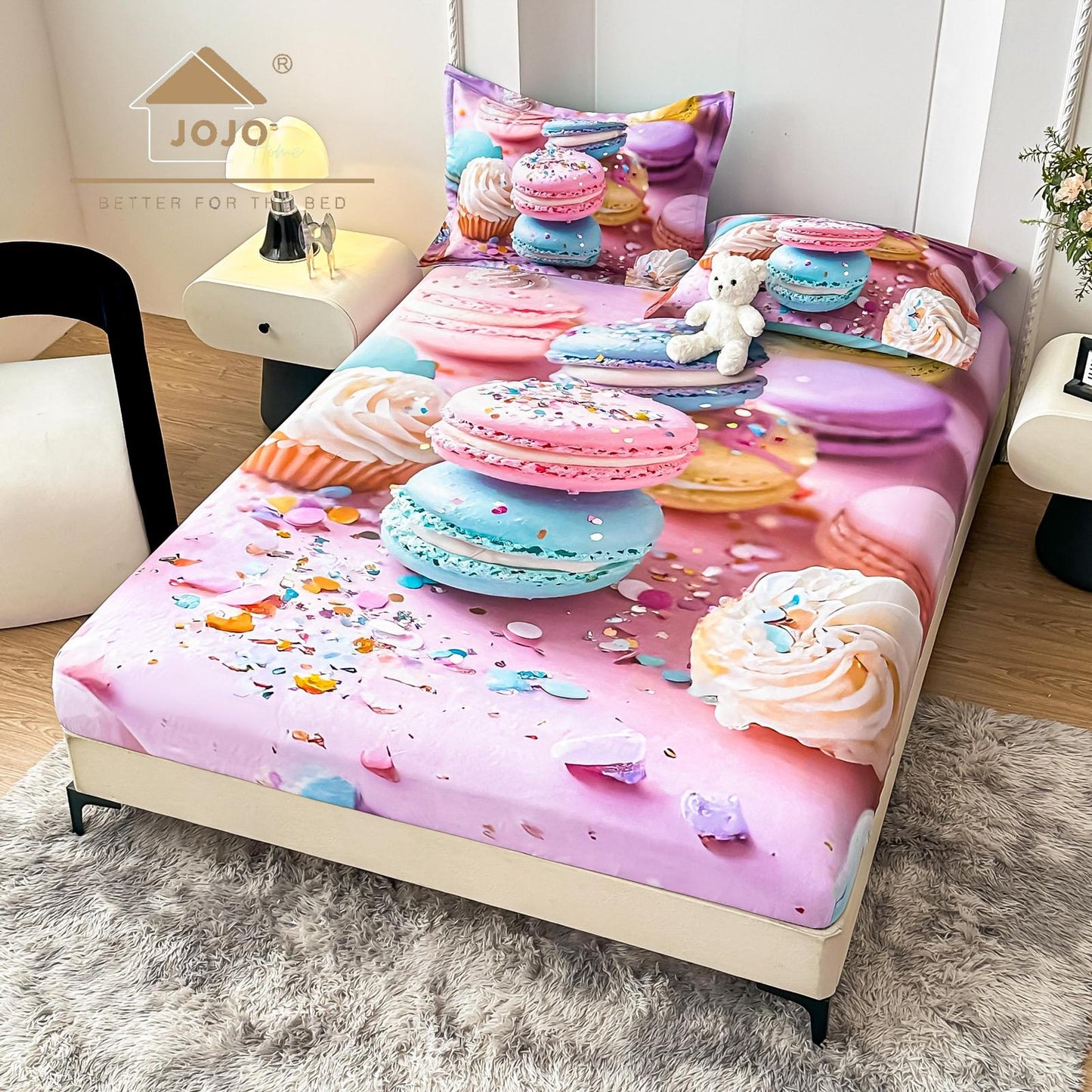Husa de Pat cu Elastic, din Finet, 160x200cm+2 Fete de Perna, Imprimeu Digital, Macarons-C10152