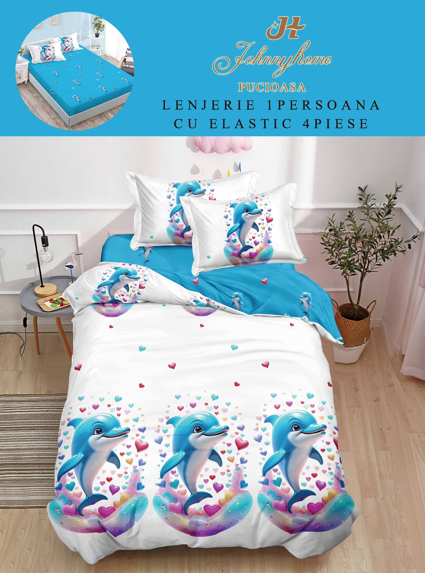 Lenjerie Finet 4 Piese 1 Persoana, cu Elastic, Inimi/Delfini-H9045
