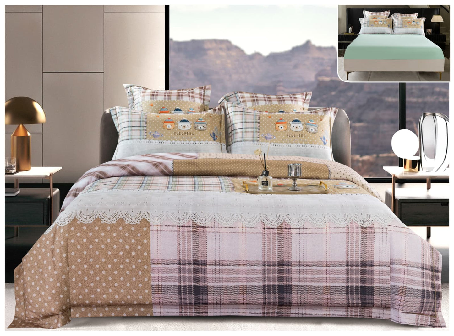 Lenjerie Premium Luxury, Pat Dublu, Satin Gros, 6 Piese cu Elastic, Carouri & Buline-A10271