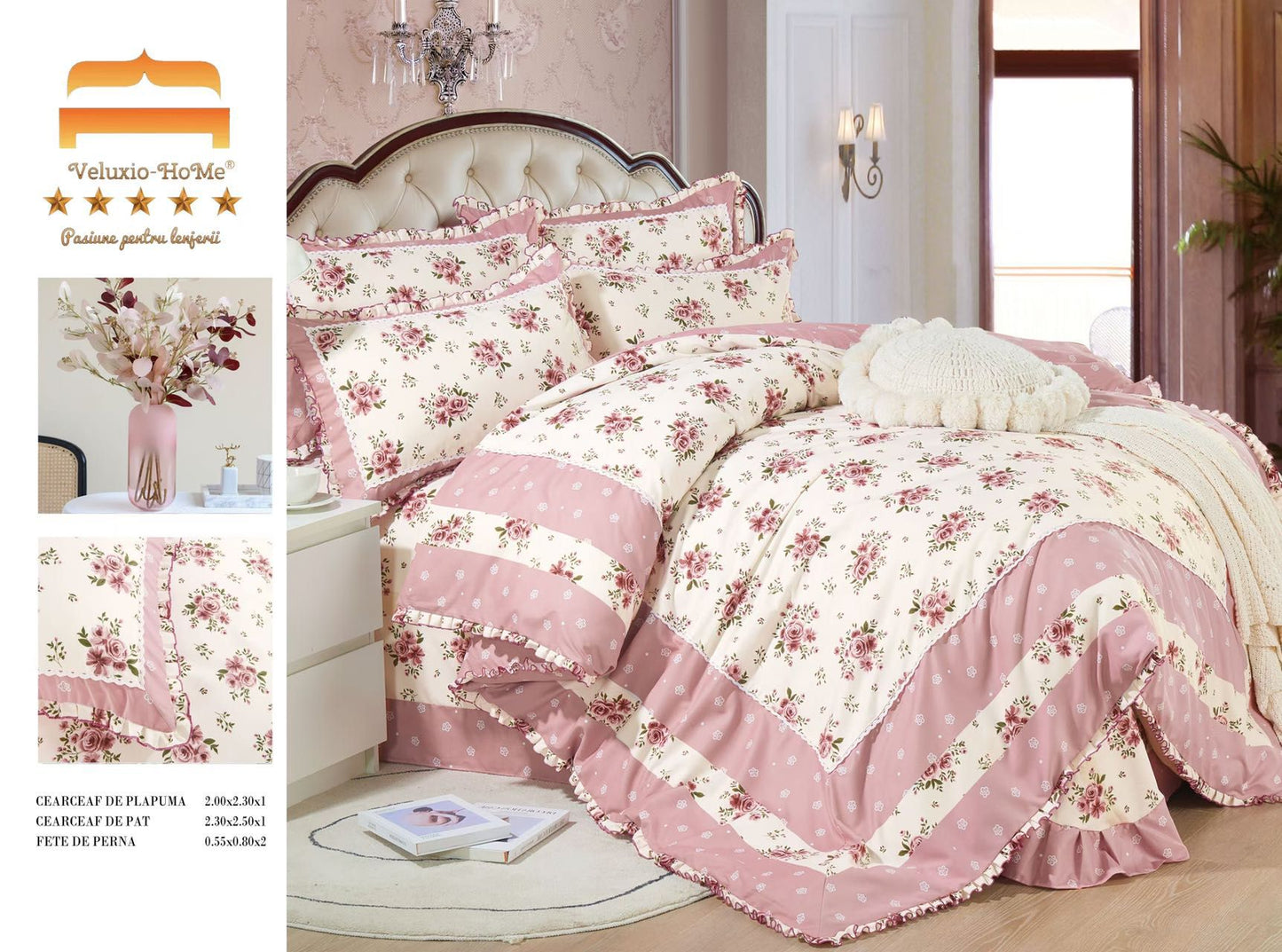 Lenjerie Bumbac Finet Premium 4 Piese cu Volanase, Crem/Roz/Flori-M9558