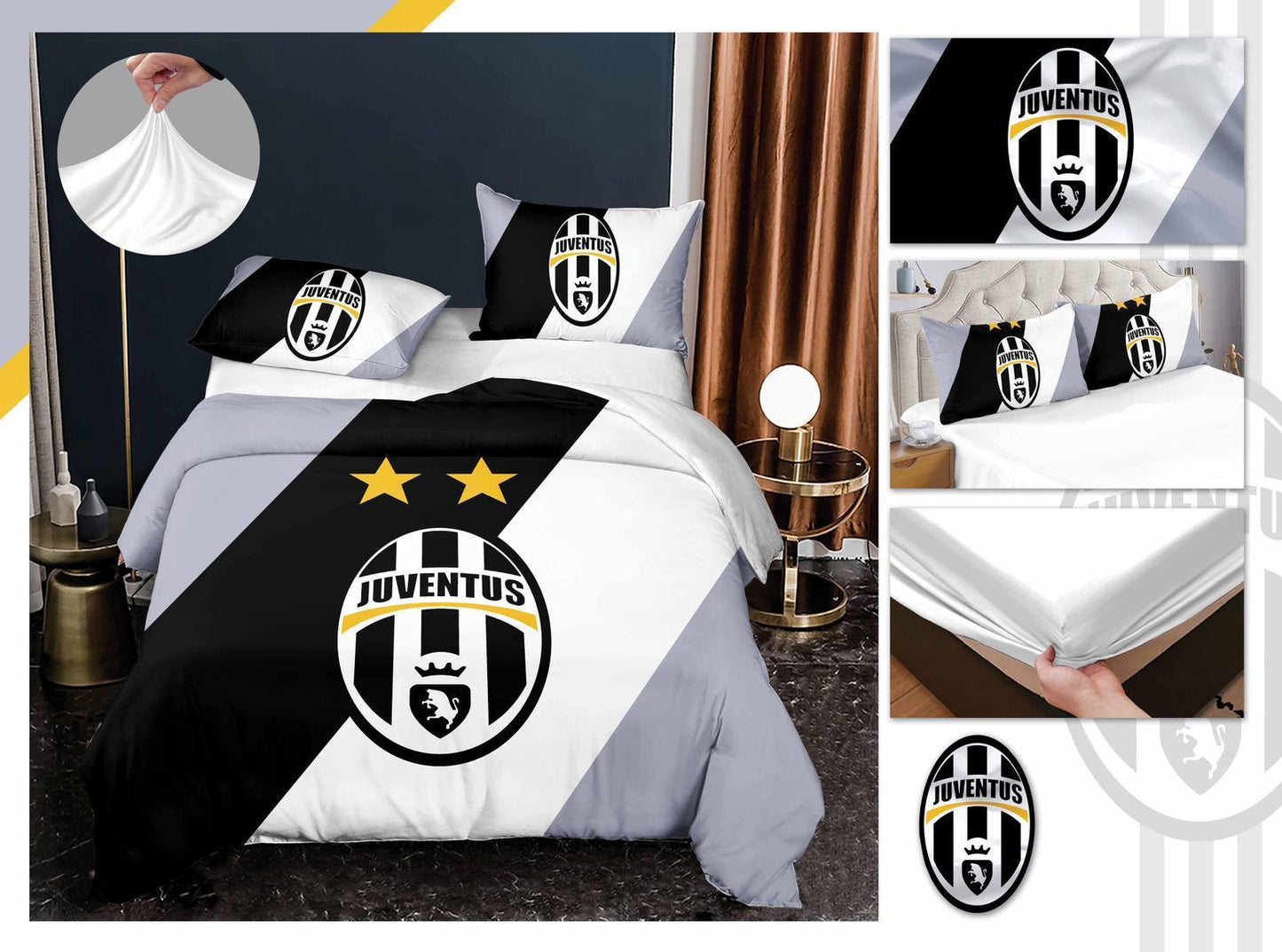 Lenjerie Pat Dublu, Finet, 4 Piese cu Elastic, Echipa Football, Juventus-H9303