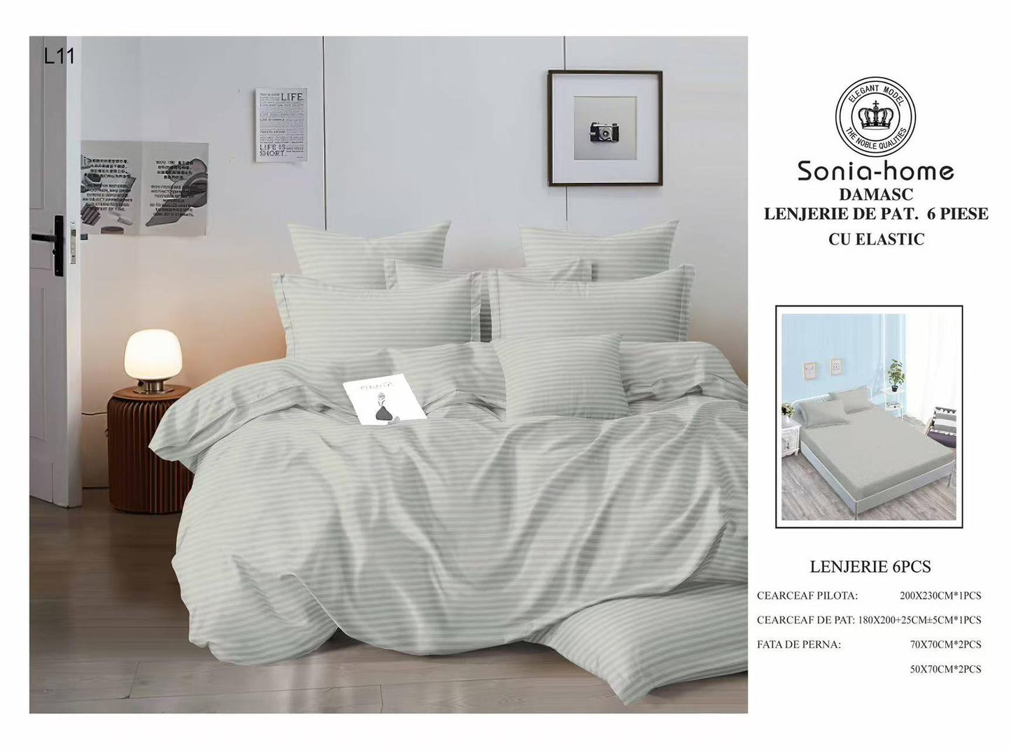 Lenjerie Bumbac Damasc 6 Piese cu Elastic, Gri Deschis-S8555