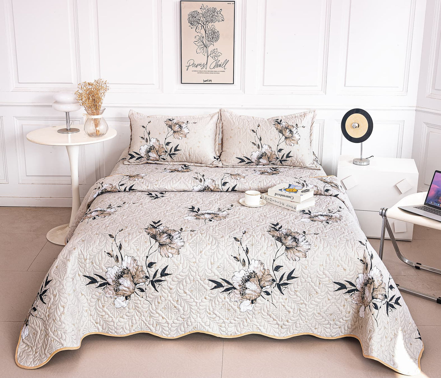 Cuvertura De Pat 3 Piese, din Bumbac Satinat, Floricele-A9839