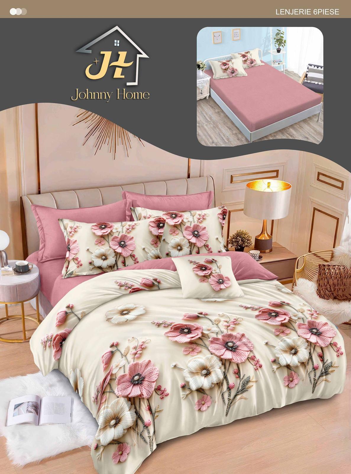Lenjerie Pat Dublu din Finet, 6 Piese, cu Elastic, Flori-H10998