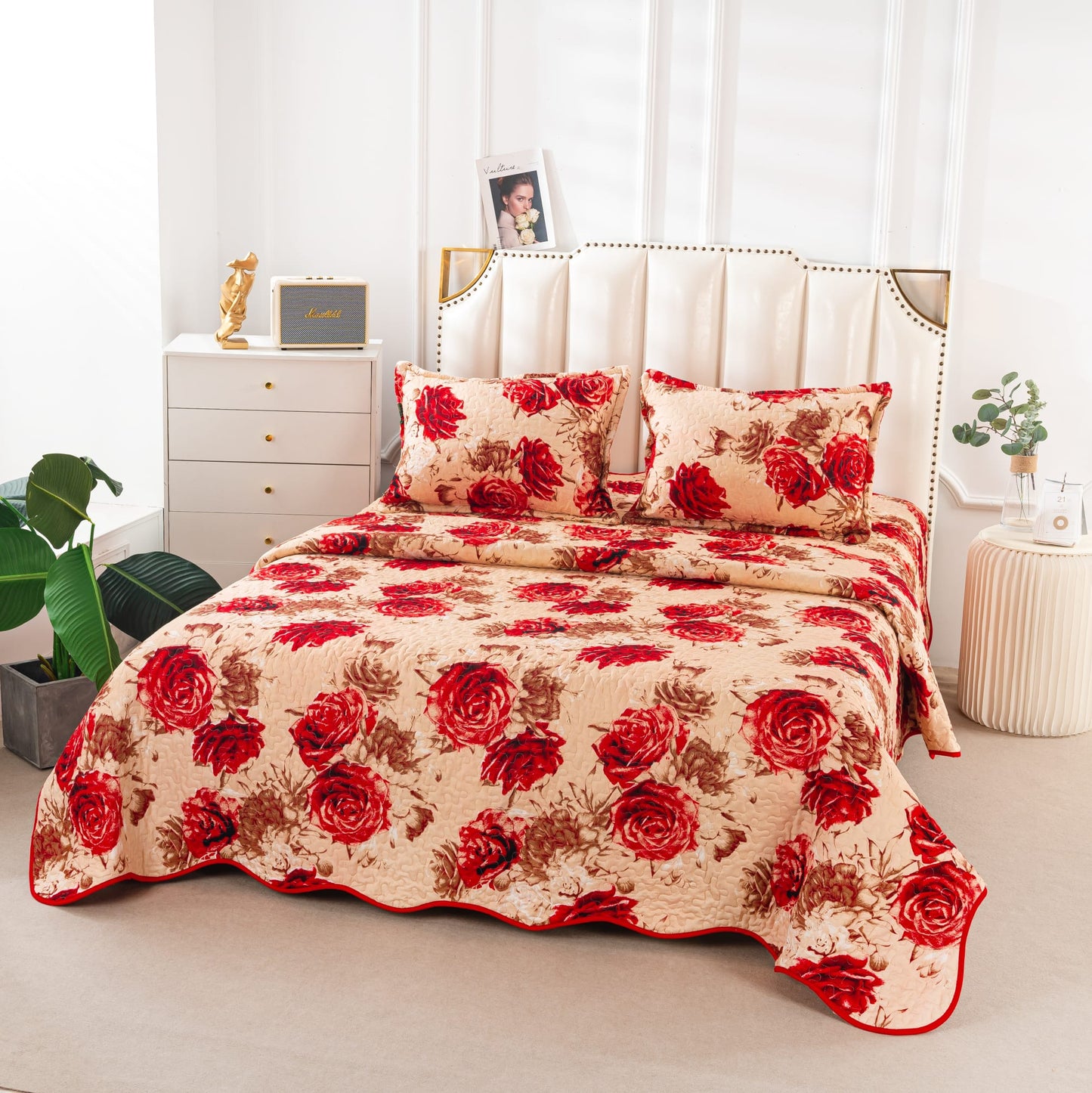 Cuvertura De Pat 3 Piese, din Bumbac Satinat, Trandafiri-A9832