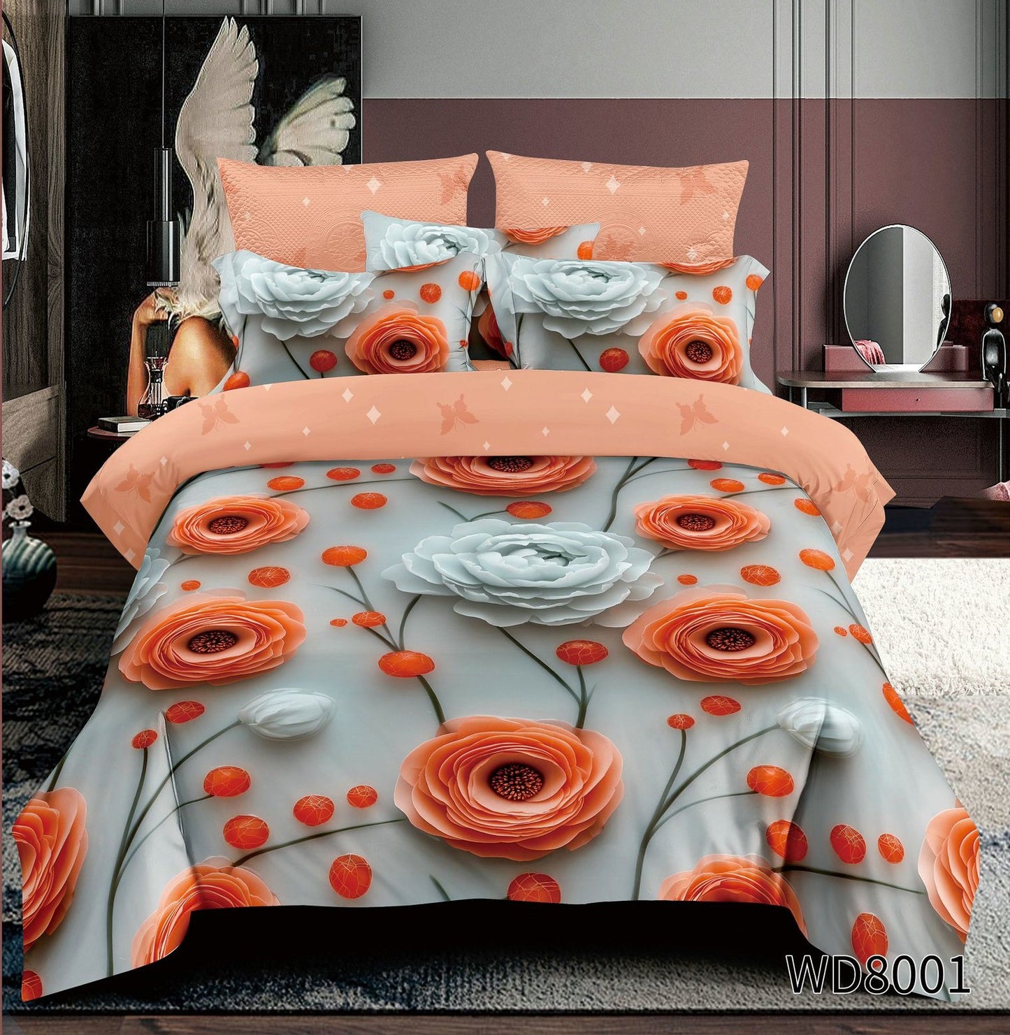 Lenjerie 5D Finet 4 Piese, cu Elastic, Imprimeu Identic cu Poza, Flori-P8965