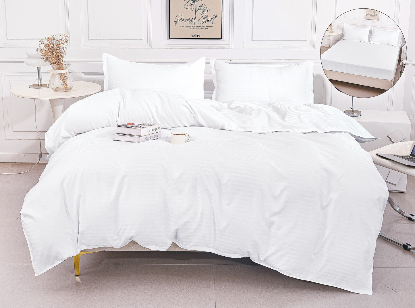 Lenjerie Damasc Finetat 4 Piese cu Elastic, Alb, Uni-A9814