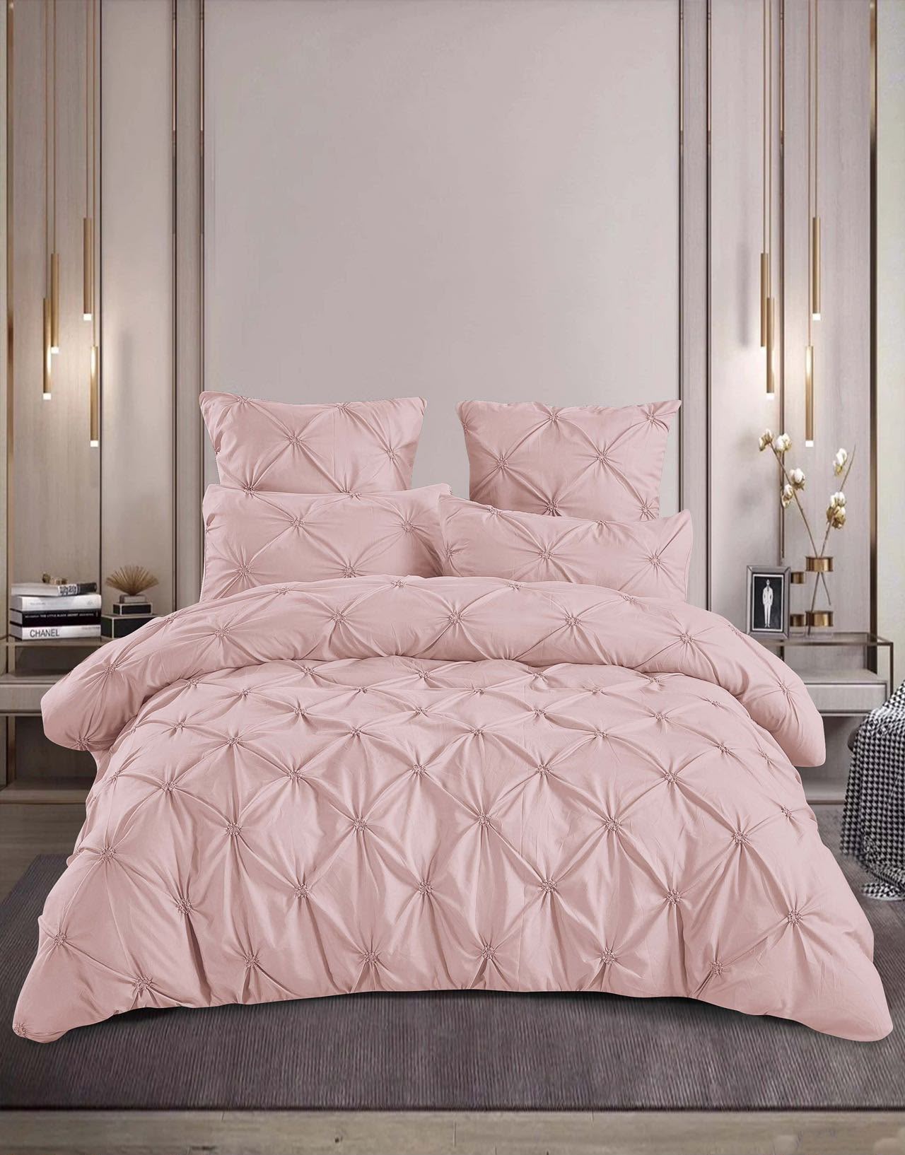 Lenjerie Bumbac Premium 6 Piese, cu Pliuri Brodate, Roz Pudrat-M4495