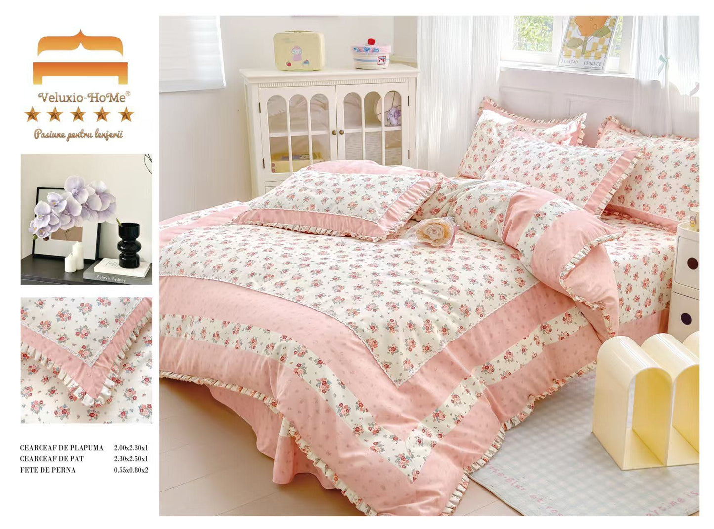 Lenjerie Bumbac Finet Premium 4 Piese cu Volanase, Flori-M9559