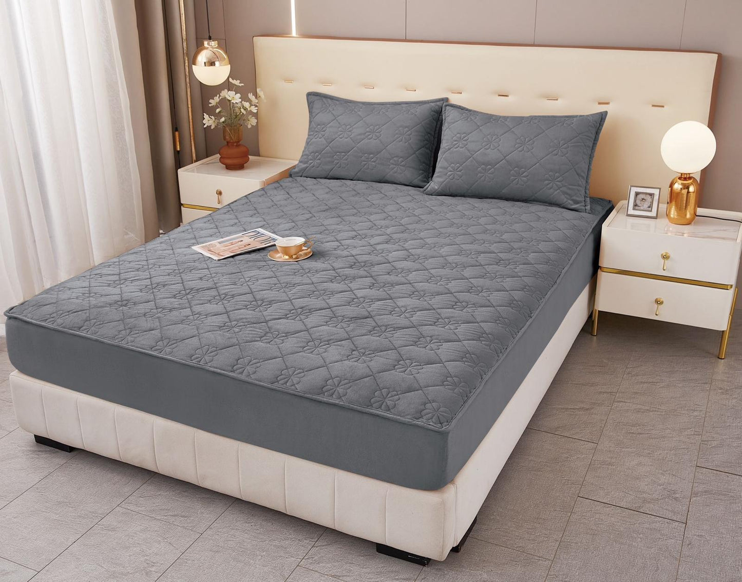 Husa matlasata tip topper din catifea cu 2 fete de perna 50x70cm, 160x200cm, Gri Inchis-Y10705