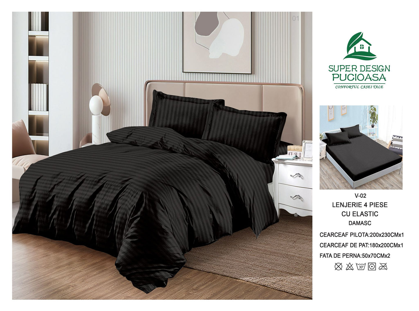 Lenjerie Pat Dublu din Damasc Finetat, 4 Piese cu Elastic, Model Dungat, Negru-V8288