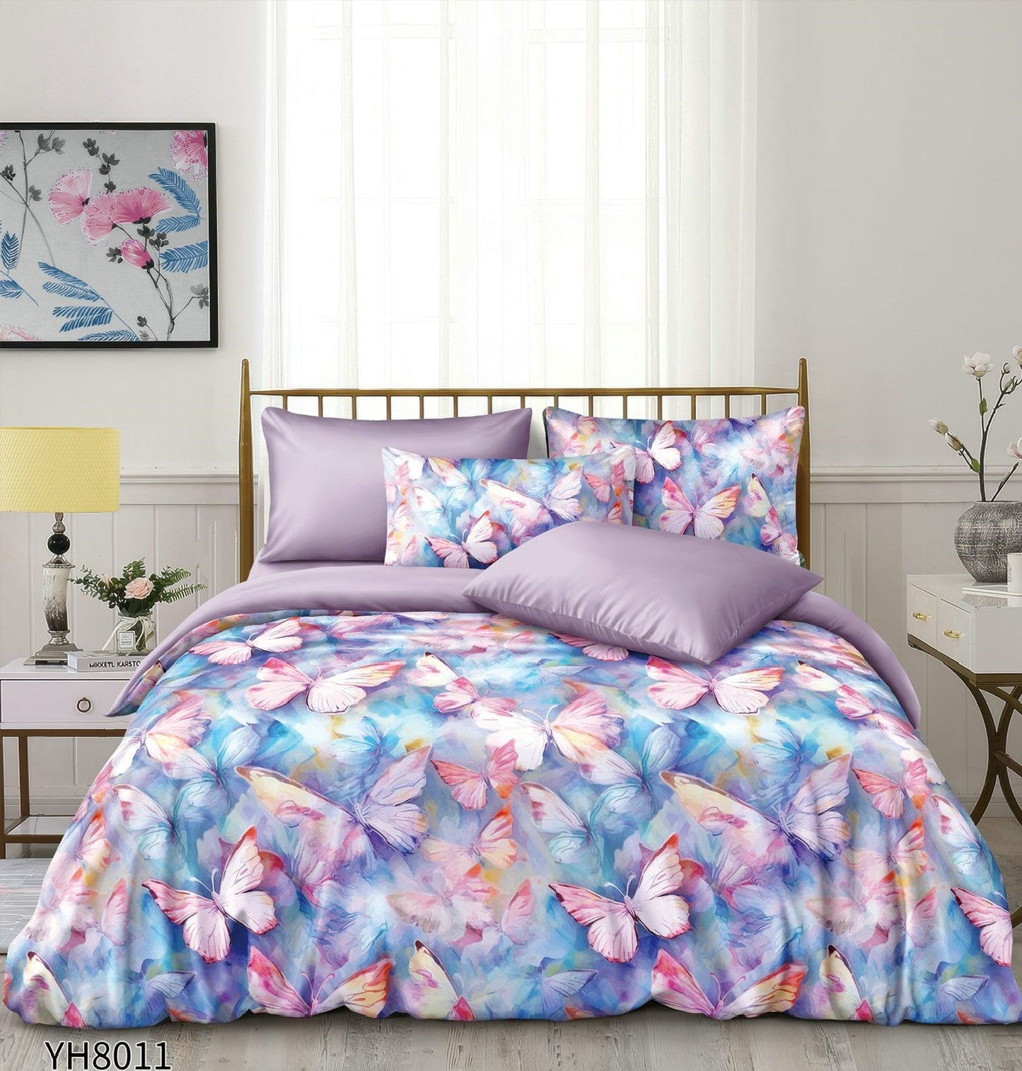 Lenjerie Pat Dublu din Satin, 4 Piese, cu Elastic, Fluturasi-P9932