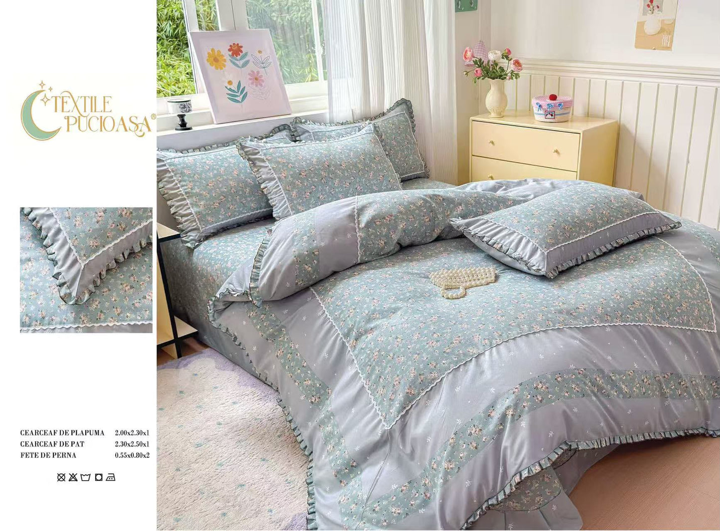 Lenjerie Bumbac Finet Premium 4 Piese cu Volanase, Floricele-M11237