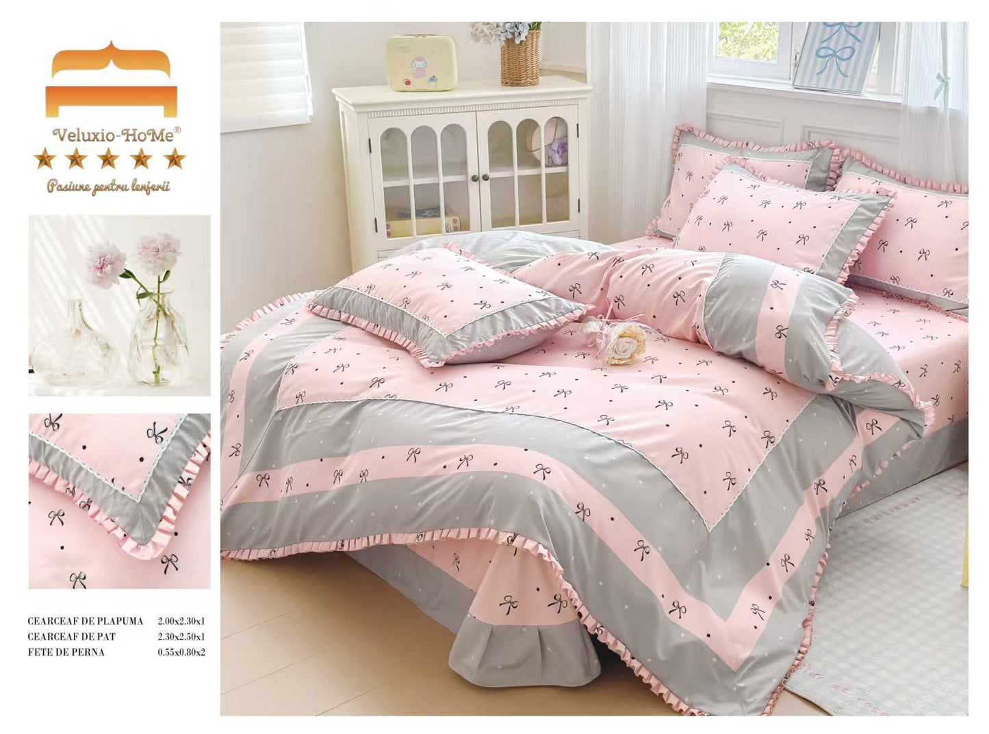 Lenjerie Bumbac Finet Premium 4 Piese cu Volanase, Roz/Gri/Fundite-M9560