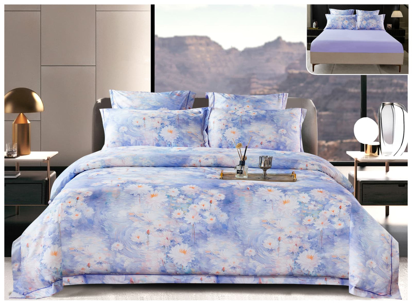 Lenjerie Pat Dublu din Satin de Lux, 6 Piese, cu Elastic, Bleu/Floral-P8214