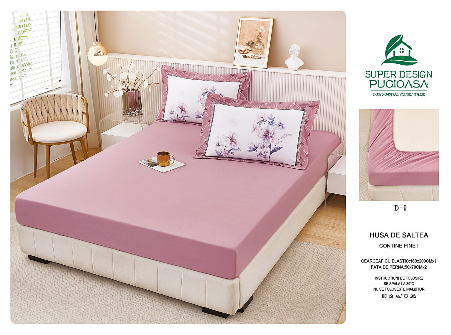 Husa de Pat cu Elastic, din Finet, 160x200cm+2 Fete de Perna, Roz Inchis-V10454