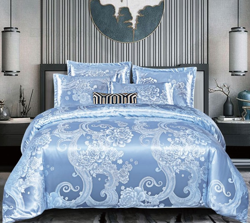 Lenjerie de pat Jacquard Premium De Lux, 6 Piese, Bleu/Flori-R10358