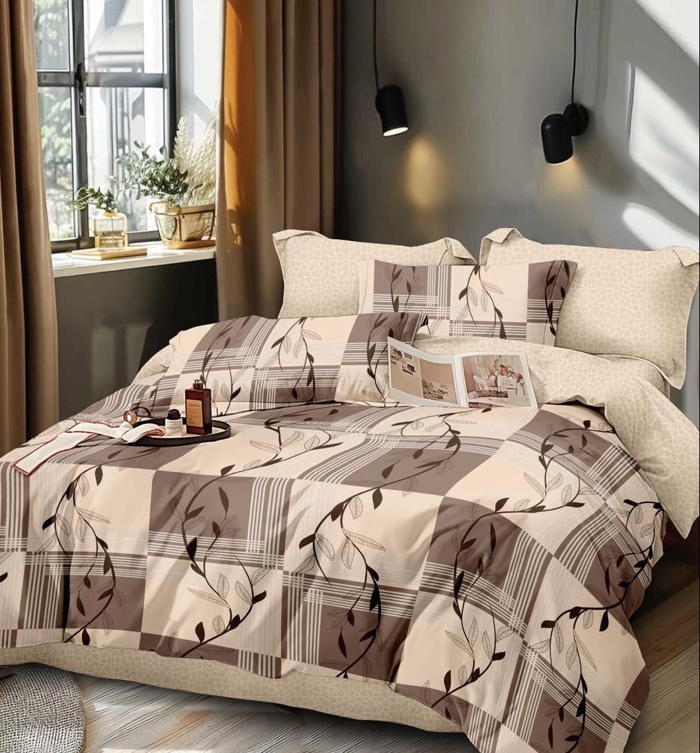 Lenjerie Pat Dublu din Finet, 6 Piese, Bej/Frunze-D9889