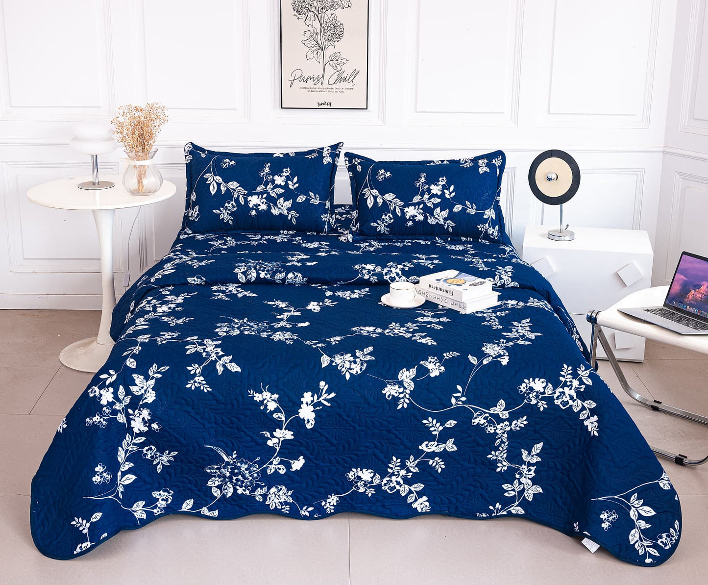 Cuvertura De Pat 3 Piese, din Bumbac Satinat, Floricele-A9850