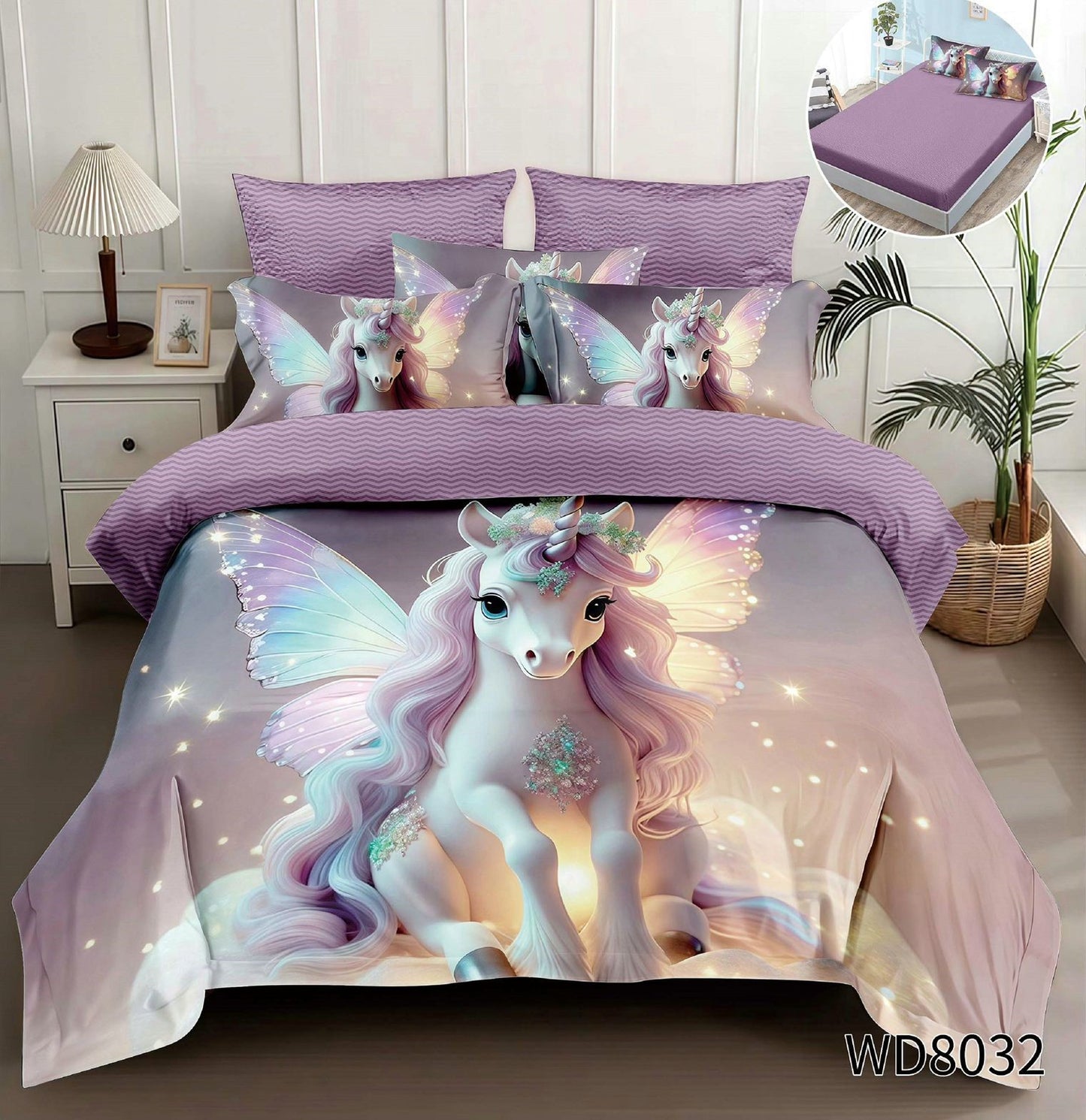 Lenjerie 5D Finet 4 Piese, cu Elastic, Imprimeu Identic cu Poza, Unicorn-P10205