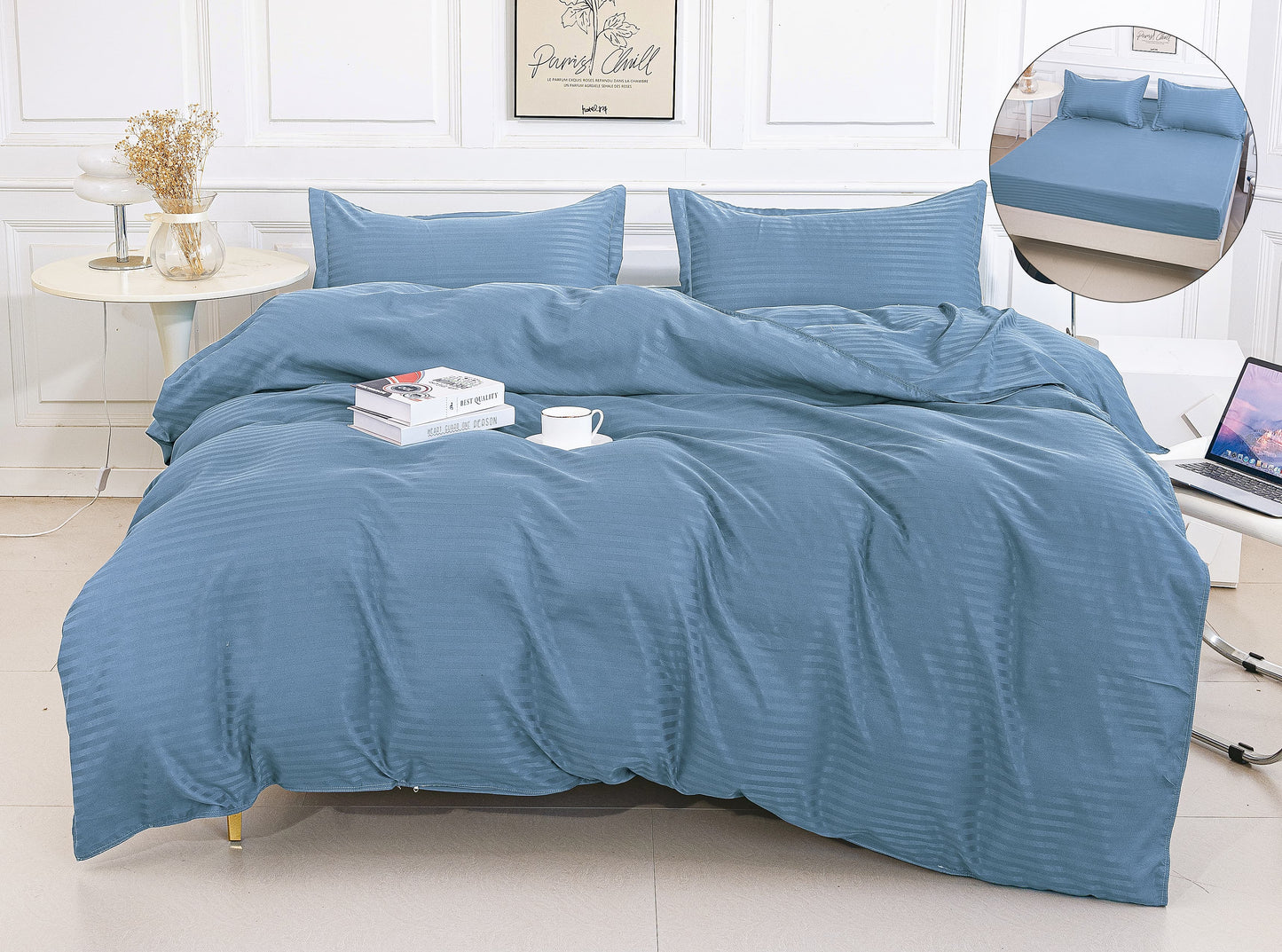 Lenjerie Damasc Finetat 4 Piese cu Elastic, Bleumarin, Uni-A9816