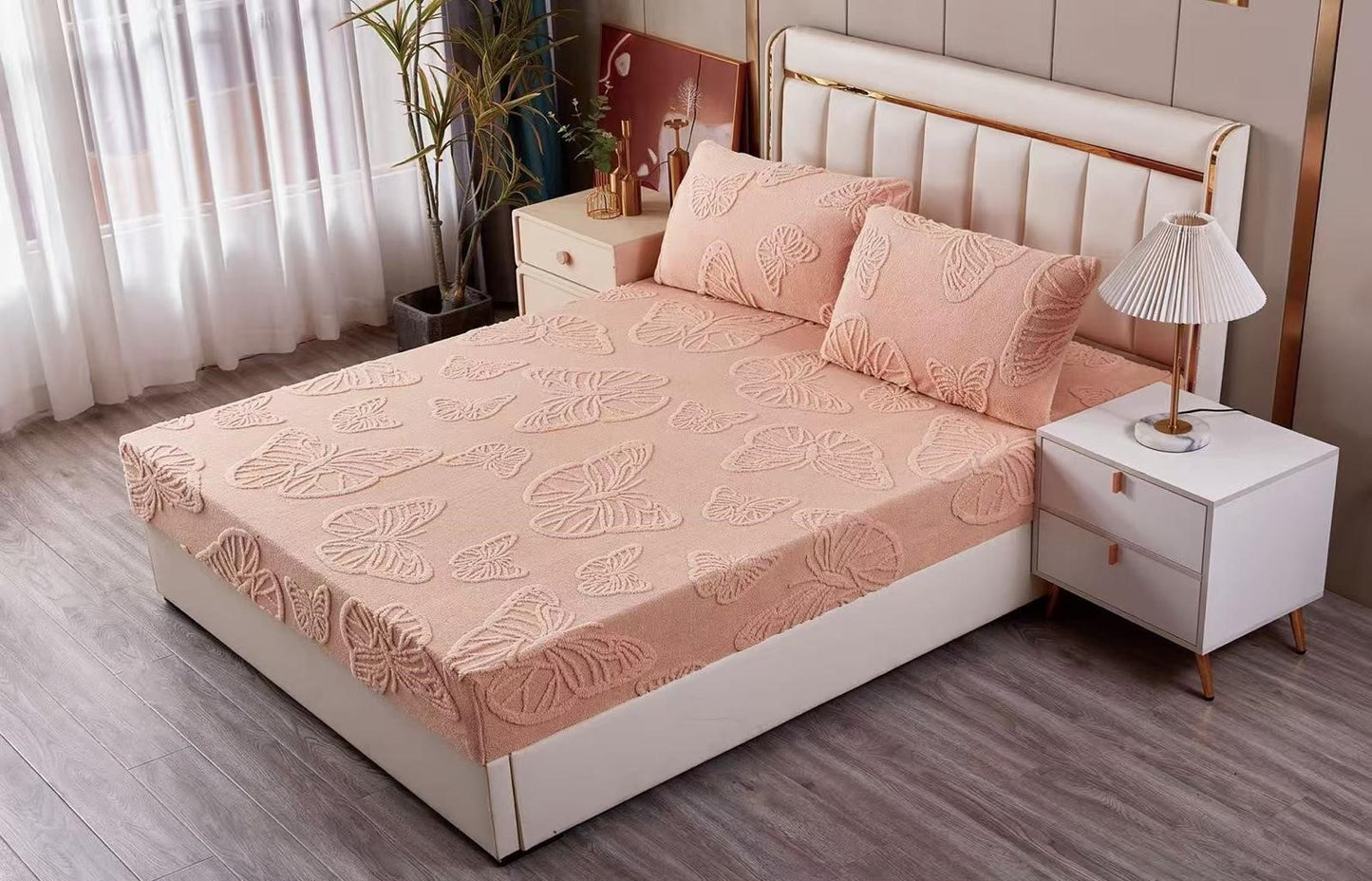 Husa Cocolino cu Elastic+2 Fete de Perna, Fluturi Gofrati, Corai-M8617