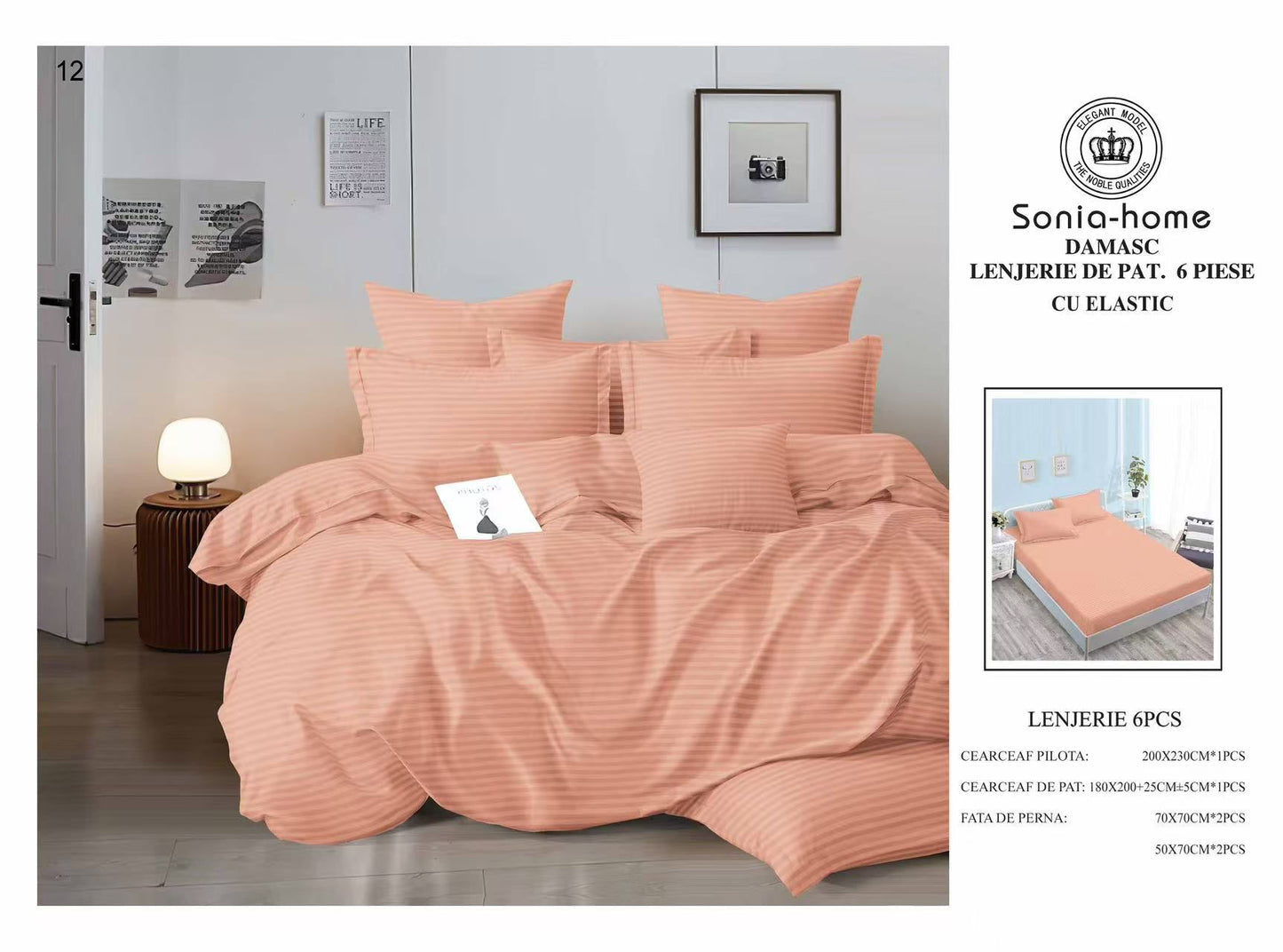 Lenjerie Bumbac Damasc 6 Piese cu Elastic, Portocaliu-S8562