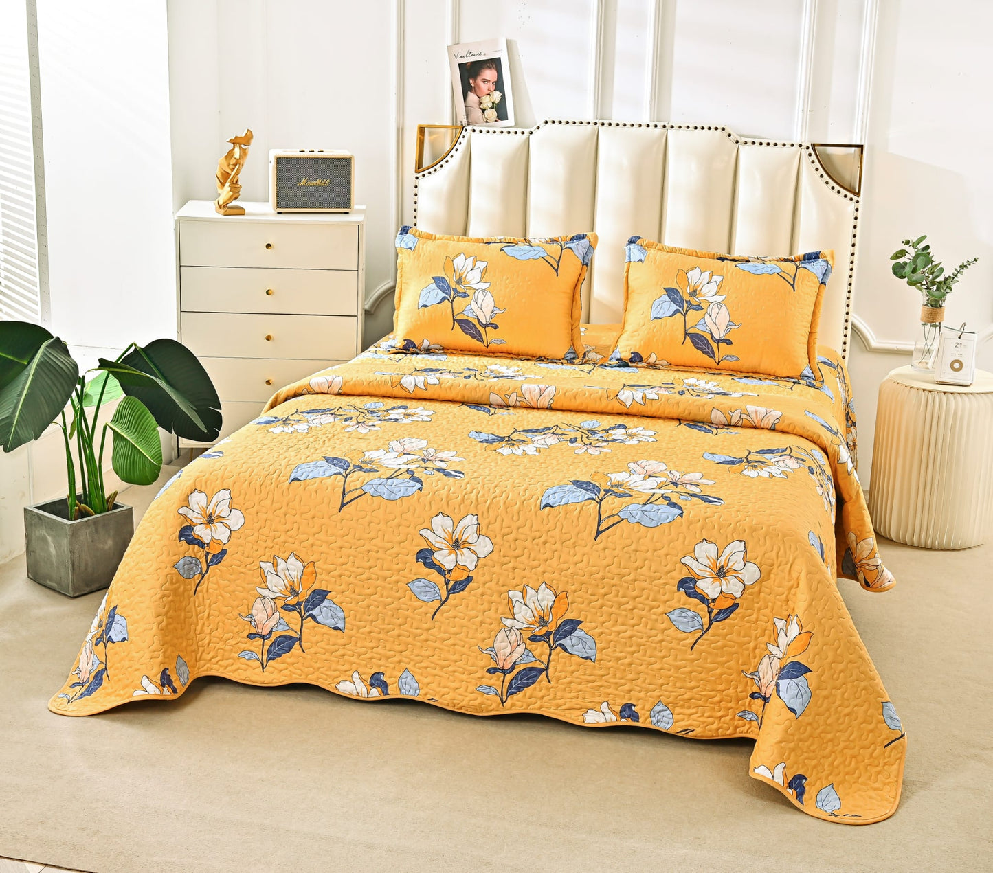 Cuvertura De Pat 3 Piese, din Bumbac Satinat, Floricele-A9843