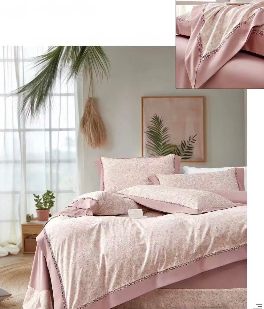 Lenjerie Luxury din Bumbac Satinat Premium, 4 Piese, Roz/Floricele-CF10293