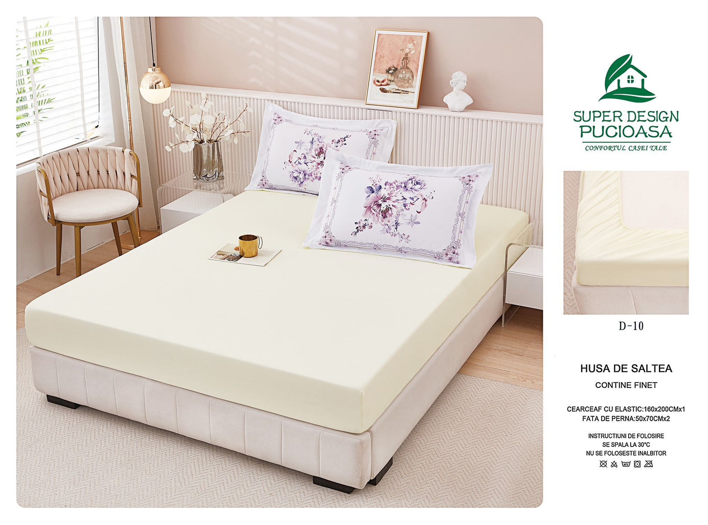 Husa de Pat cu Elastic, din Finet, 160x200cm+2 Fete de Perna, Crem-V10452