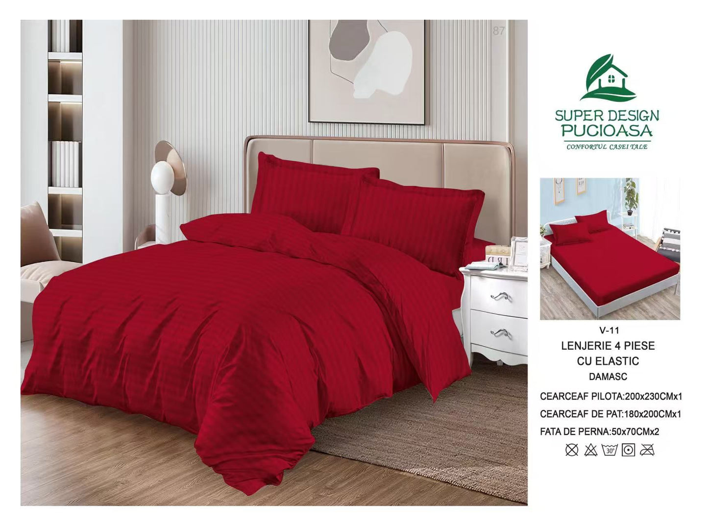 Lenjerie Pat Dublu din Damasc Finetat, 4 Piese cu Elastic, Model Dungat, Ruby Red-V6104