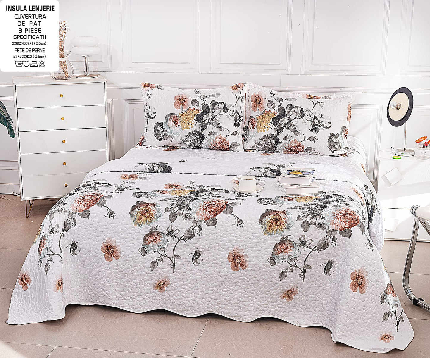 Cuvertura De Pat 3 Piese, din Bumbac Satinat, Floricele-A9835
