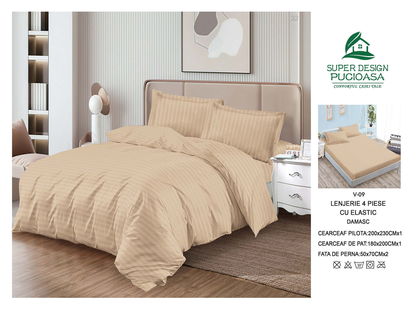 Lenjerie Pat Dublu din Damasc Finetat, 4 Piese cu Elastic, Model Dungat, Cappucino-V6093