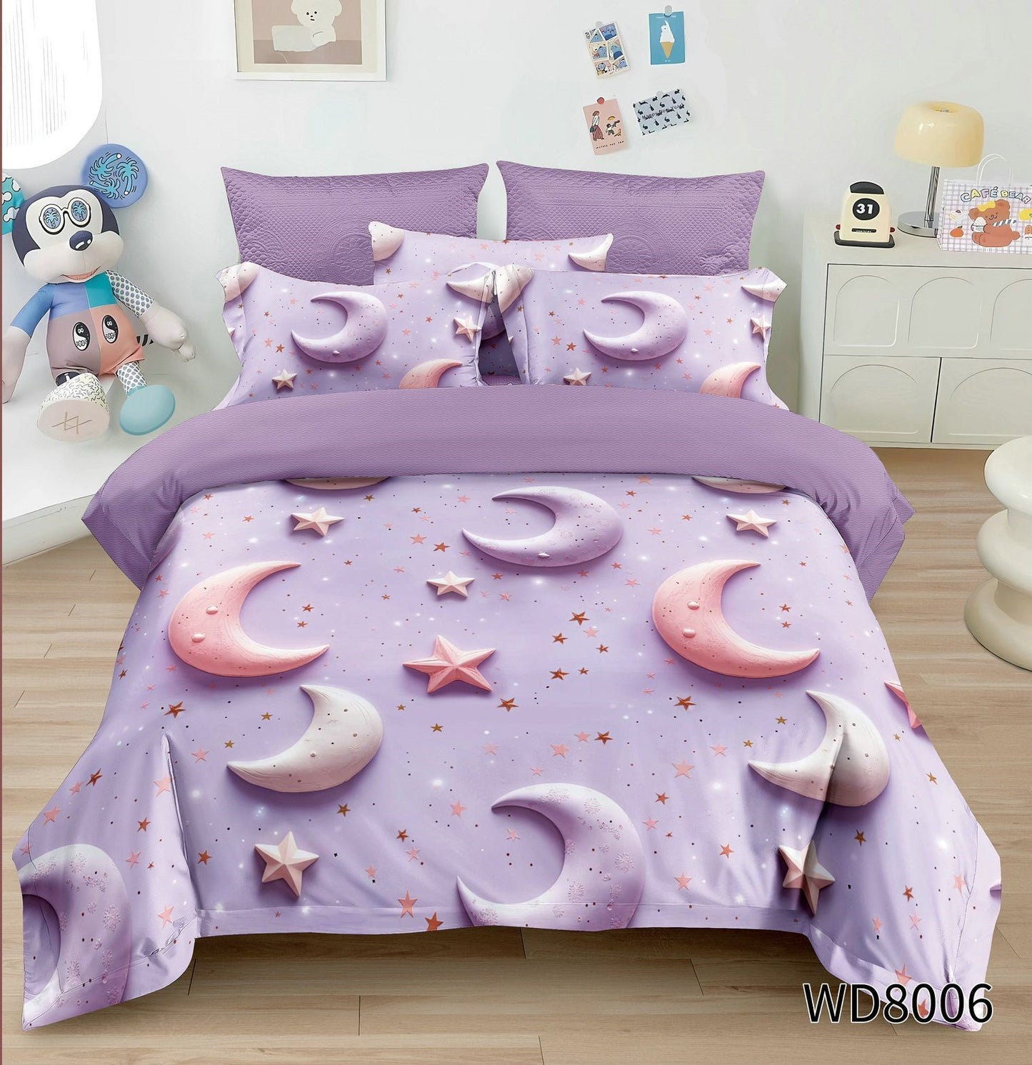 Lenjerie 5D Finet 4 Piese, cu Elastic, Imprimeu Identic cu Poza, Luna/Stele-P8969