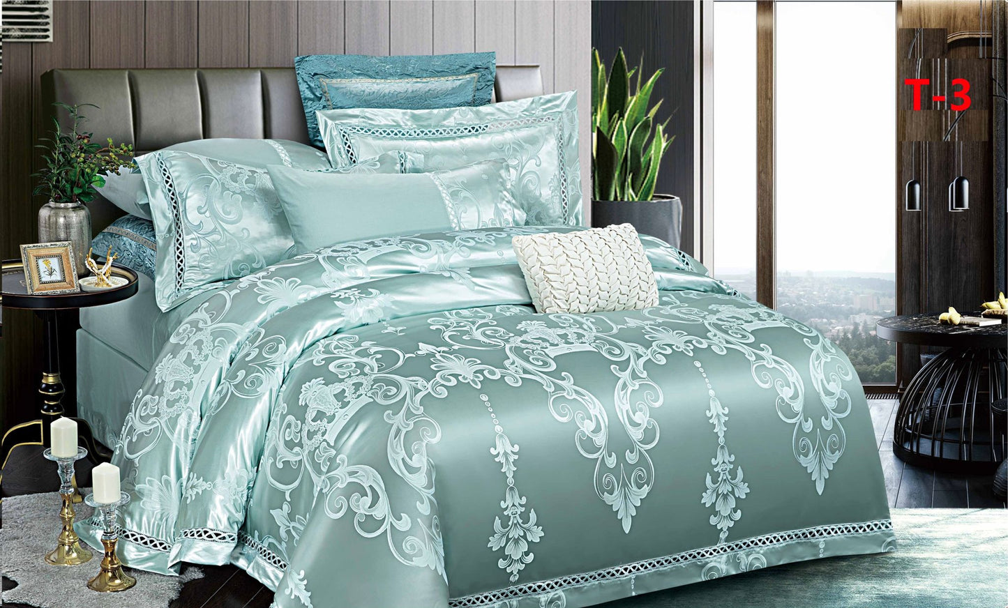 Lenjerie de pat Jacquard Satinat Premium, 6 Piese, Verde/Model Regal-V8487