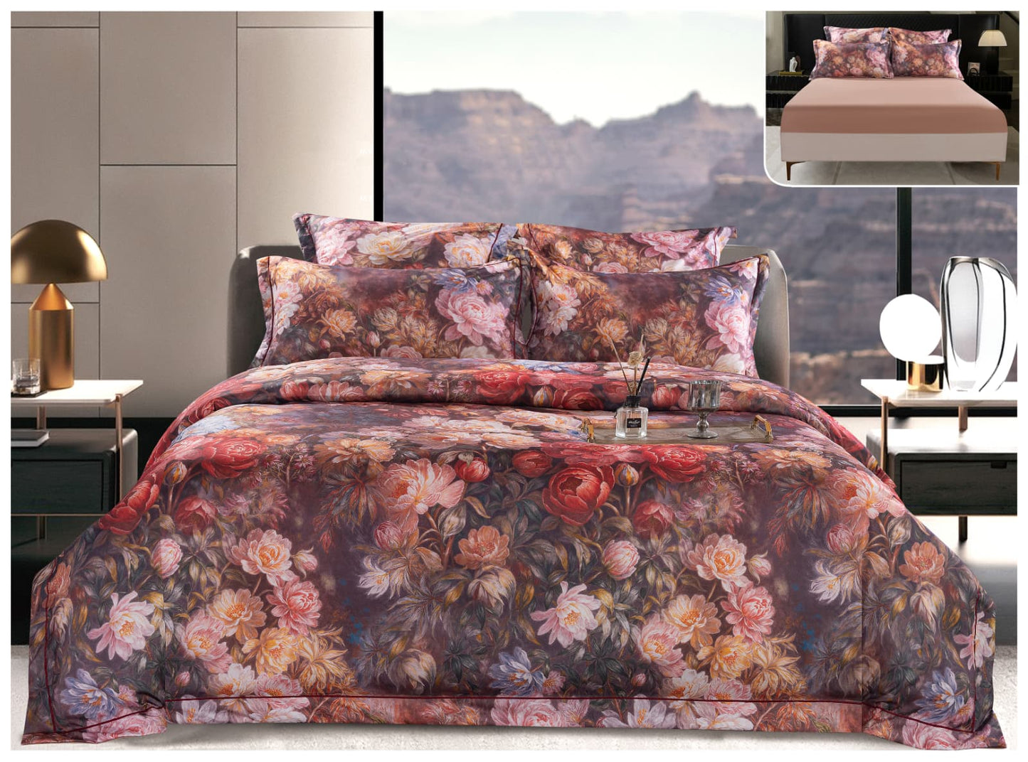 Lenjerie Pat Dublu din Satin de Lux, 6 Piese, cu Elastic, Floral Elegant-A8213