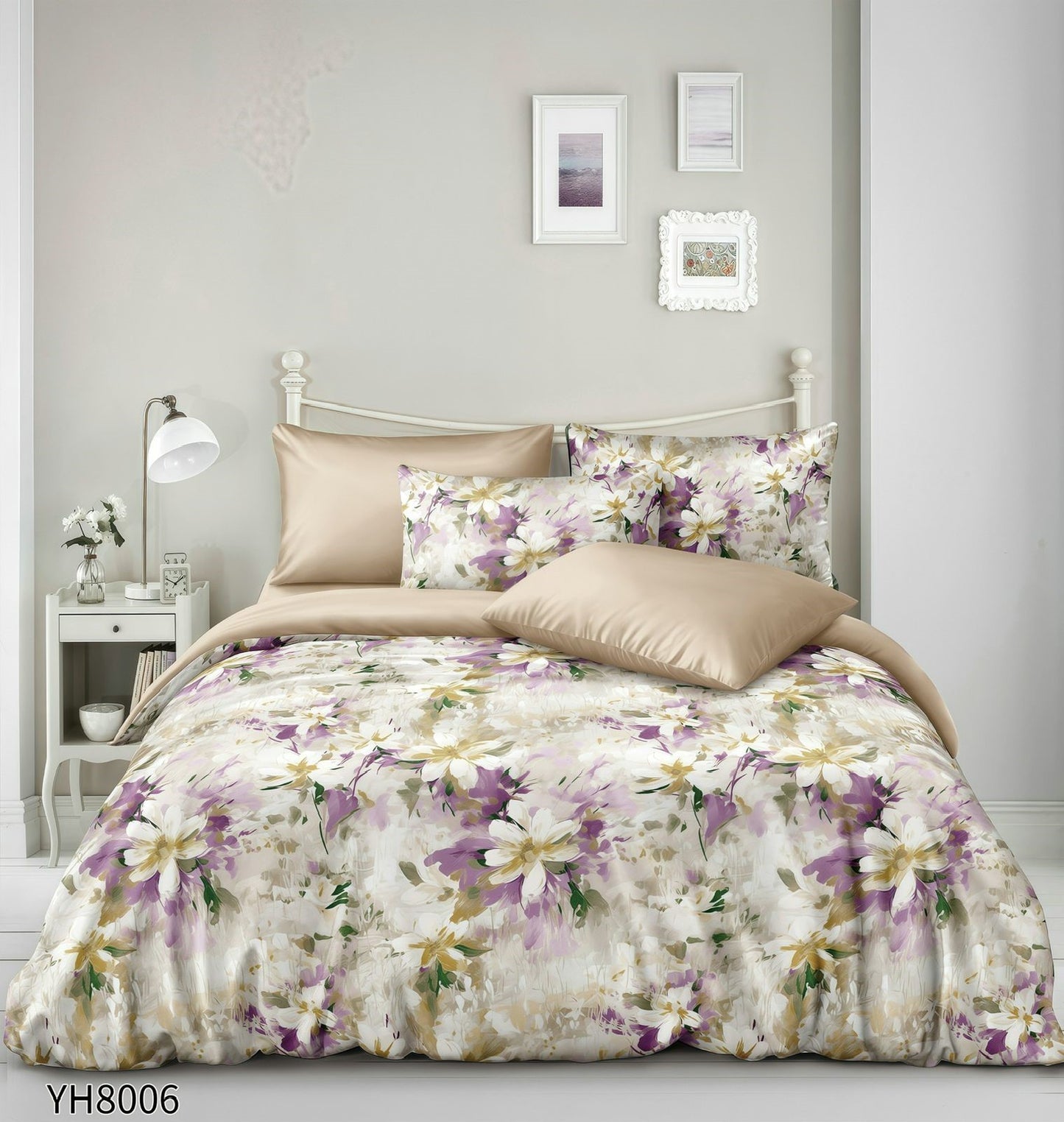 Lenjerie Pat Dublu din Satin, 4 Piese, cu Elastic, Floricele-P9928