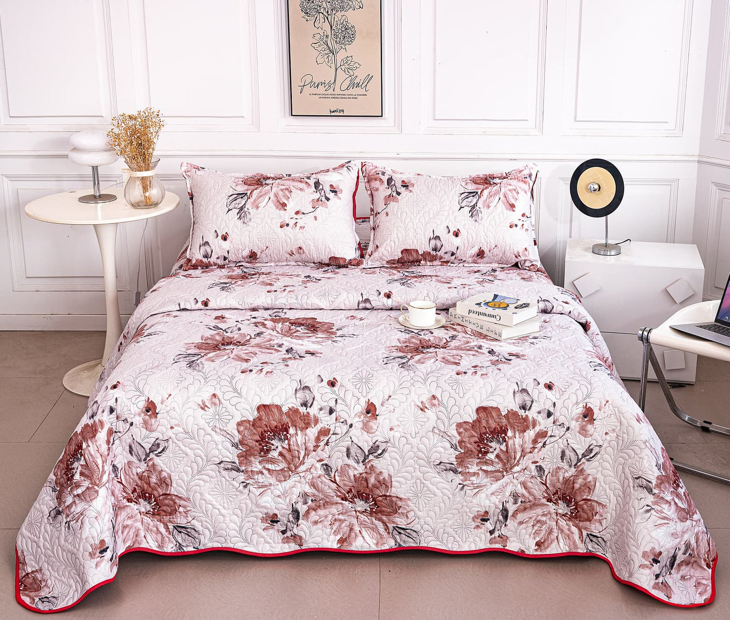 Cuvertura De Pat 3 Piese, din Bumbac Satinat, Floricele-A9852