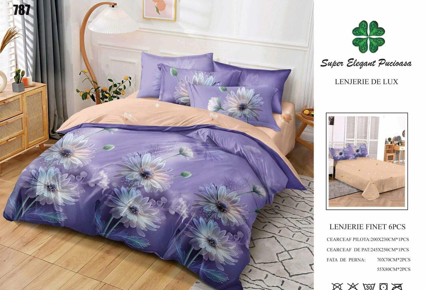 Lenjerie Pat Dublu din Finet, 6 Piese, Flori-SEP9088