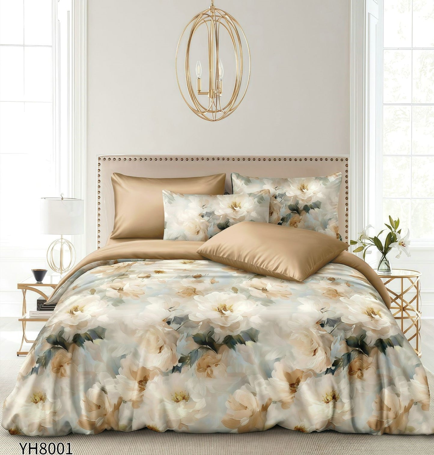 Lenjerie Pat Dublu din Satin, 4 Piese, cu Elastic, Floricele-P9926