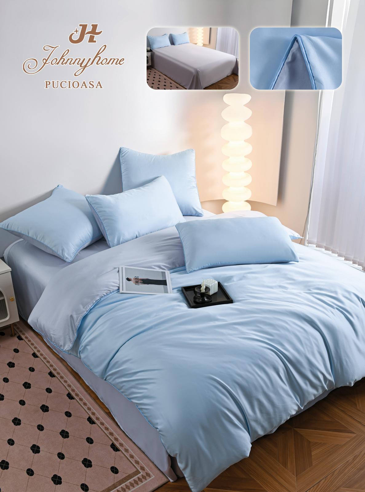 Lenjerie Luxury Pat Dublu, Tip Matase Satinata, 6 Piese, Bleu-H9496