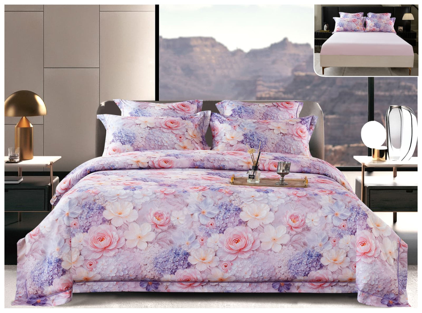 Lenjerie Pat Dublu din Satin de Lux, 6 Piese, cu Elastic, Floral Pastel-A8212